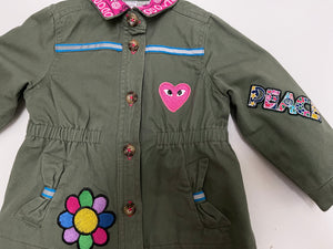 Peace Love and Happiness Army-Inspired Jacket w Colorful Patches and Emoji "LOVE" Patch, Size 18mo