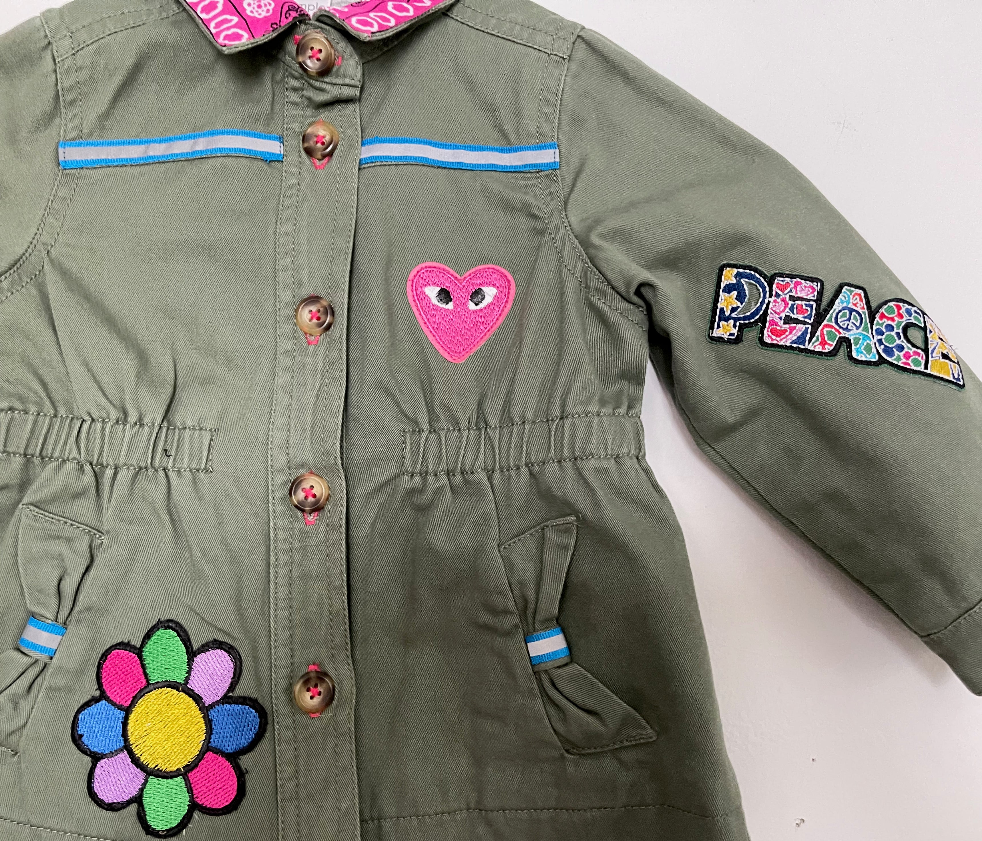 Peace Love and Happiness Army-Inspired Jacket w Colorful Patches and Emoji "LOVE" Patch on the Back, Size 18MO