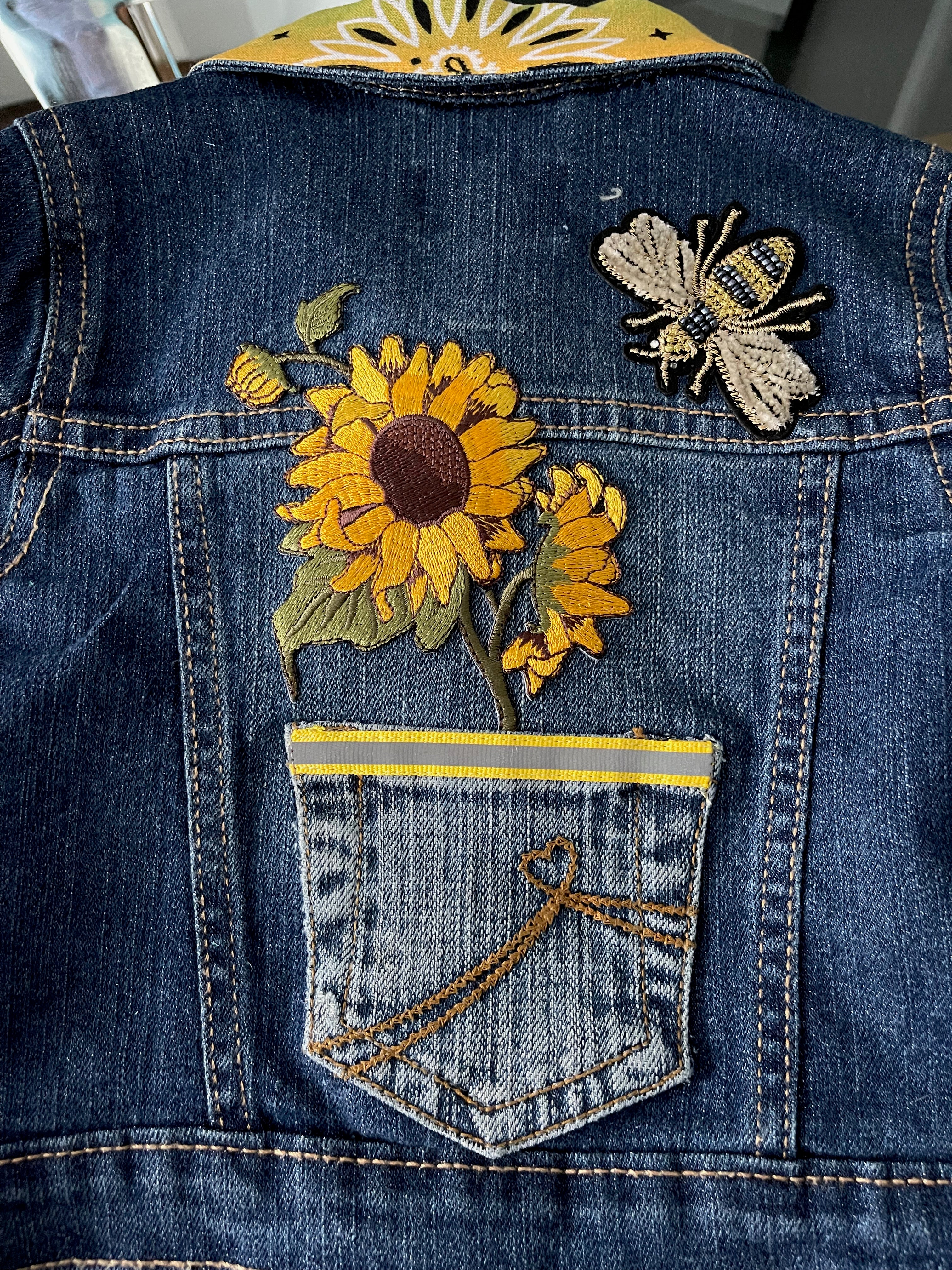 Daisy and Bee Patches and Other Adorable Patches, One-Of-A-Kind, Dark Denim Jean Jacket with