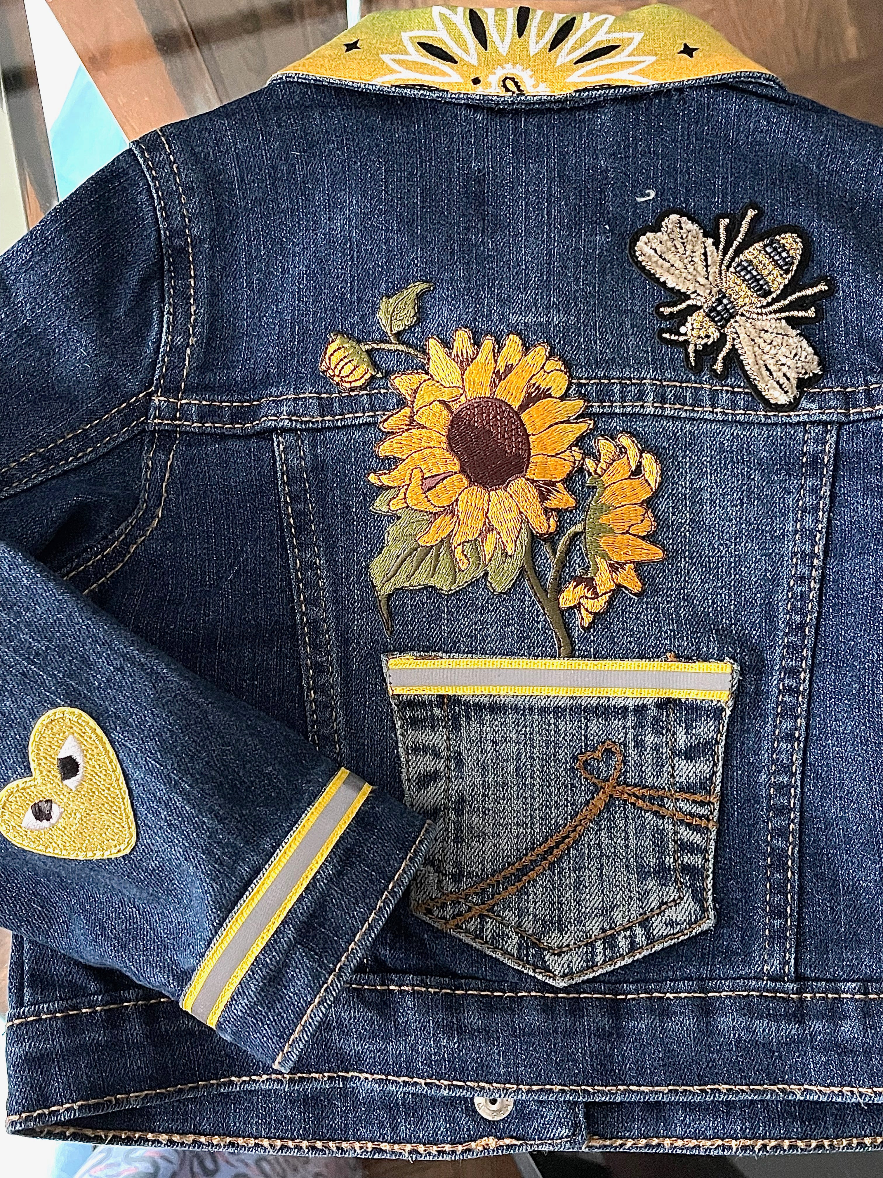 Daisy and Bee Patches and Other Adorable Patches, One-Of-A-Kind, Dark Denim Jean Jacket with