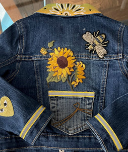 Daisy and Bee Patches and Other Adorable Patches, One-Of-A-Kind, Dark Denim Jean Jacket with