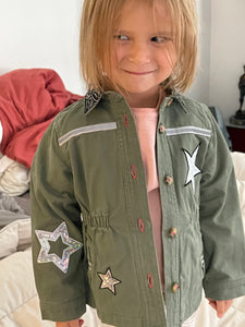 White Sequin Ribbon and Patches, Military-Inspired, Olive Green Jacket, Size 24 MO