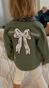 White Sequin Ribbon and Patches, Military-Inspired, Olive Green Jacket, Size 24 MO