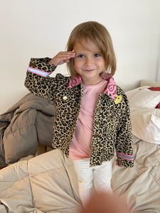 Roar! Leopard Jean Jacket with Brass Snap Closures and a Large Sequin, Multi-Color Star Patch on Back