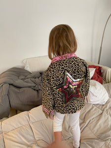 Roar! Leopard Jean Jacket with Brass Snap Closures and a Large Sequin, Multi-Color Star Patch on Back