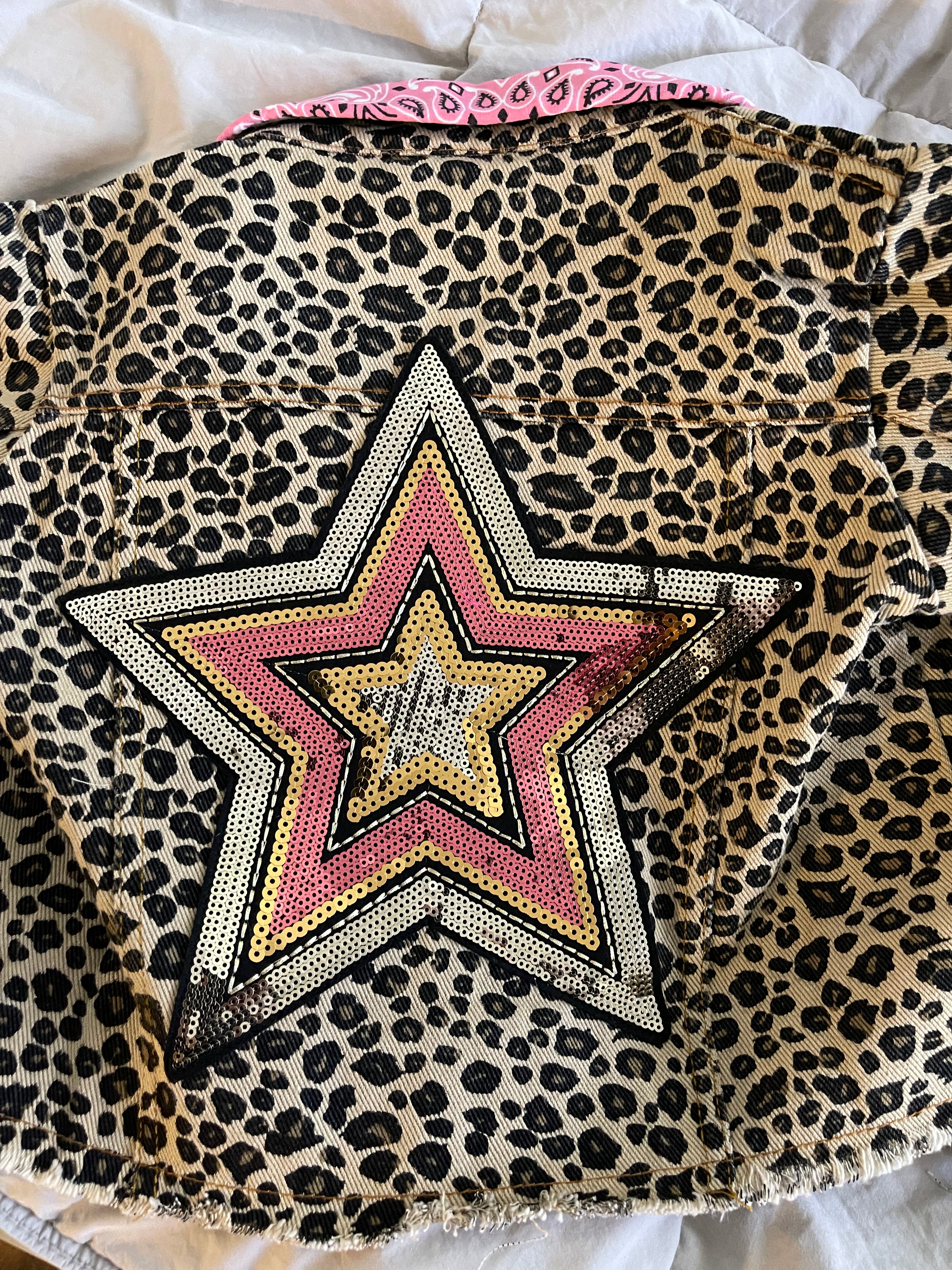 Roar! Leopard Jean Jacket with Brass Snap Closures and a Large Sequin, Multi-Color Star Patch on Back