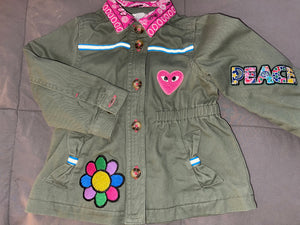 Peace Love and Happiness Army-Inspired Jacket w Colorful Patches and Emoji "LOVE" Patch on the Back, Size 18MO