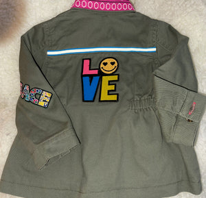 Peace Love and Happiness Army-Inspired Jacket w Colorful Patches and Emoji "LOVE" Patch on the Back, Size 18MO