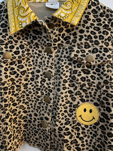 Leopard Print Jean Jacket with a Large Embroidered Daisies Patch on The Back