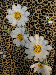 Leopard Print Jean Jacket with a Large Embroidered Daisies Patch on The Back