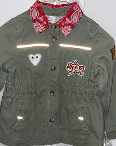 "It's Only Rock and Roll But I Like It", Military-Inspired with Sequin Stars and Other Patches Jacket.