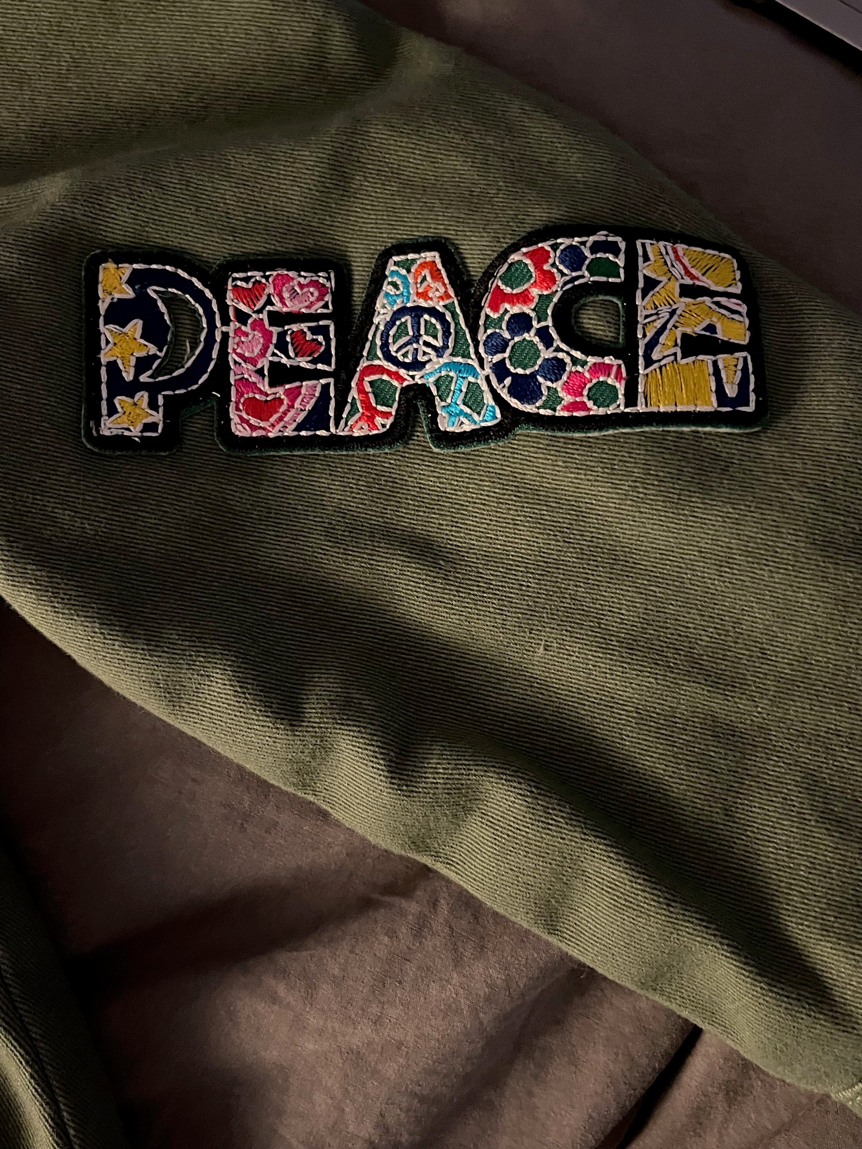 Peace Love and Happiness Army-Inspired Jacket w Colorful Patches and Emoji "LOVE" Patch, Size 18mo