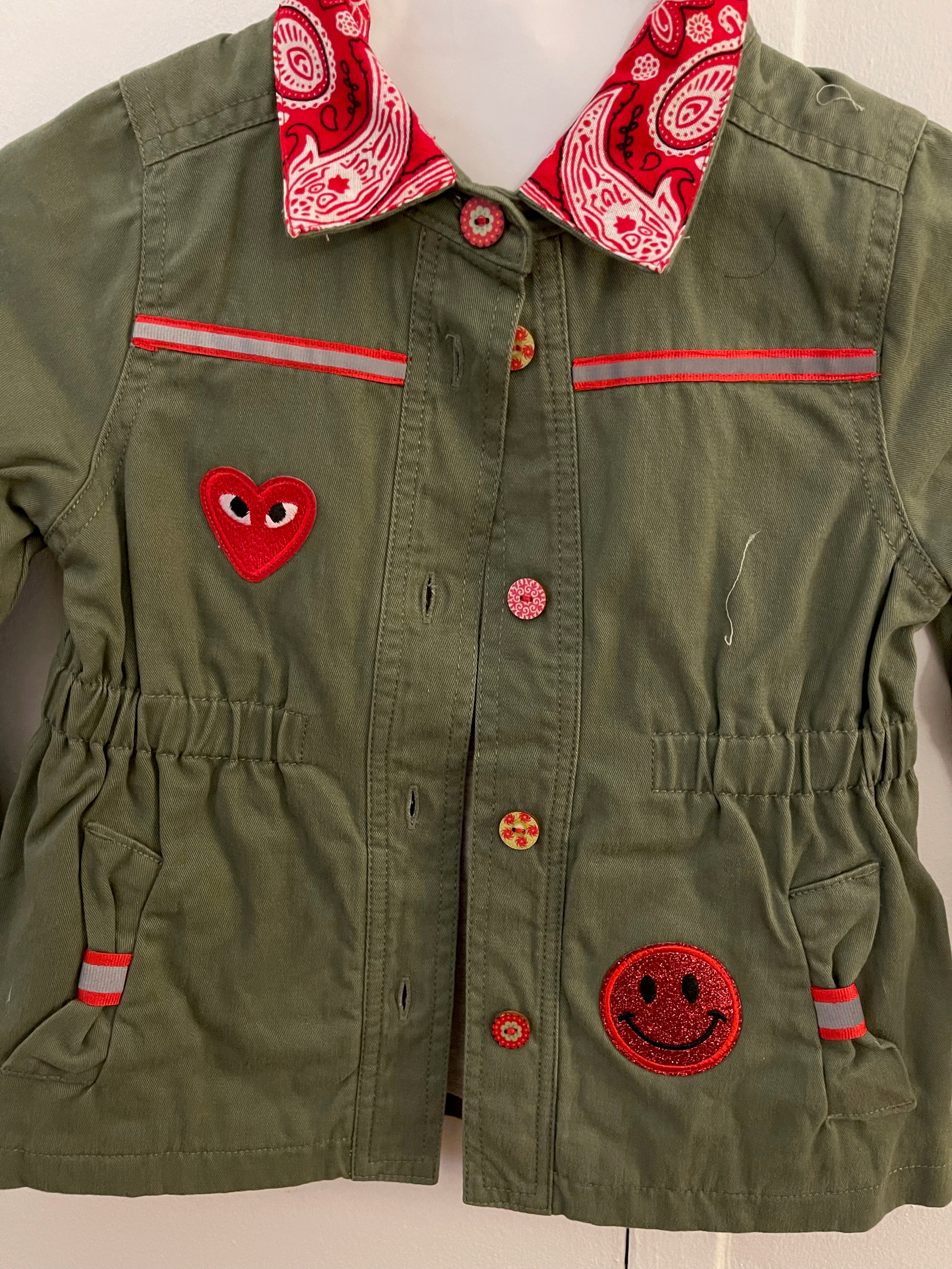 Military-Inspired Cotton Jacket with "OMG!" Patch and Hand-Painted Wood Buttons