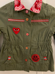 Military-Inspired Cotton Jacket with "OMG!" Patch and Hand-Painted Wood Buttons