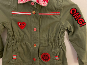 Military-Inspired Cotton Jacket with "OMG!" Patch and Hand-Painted Wood Buttons