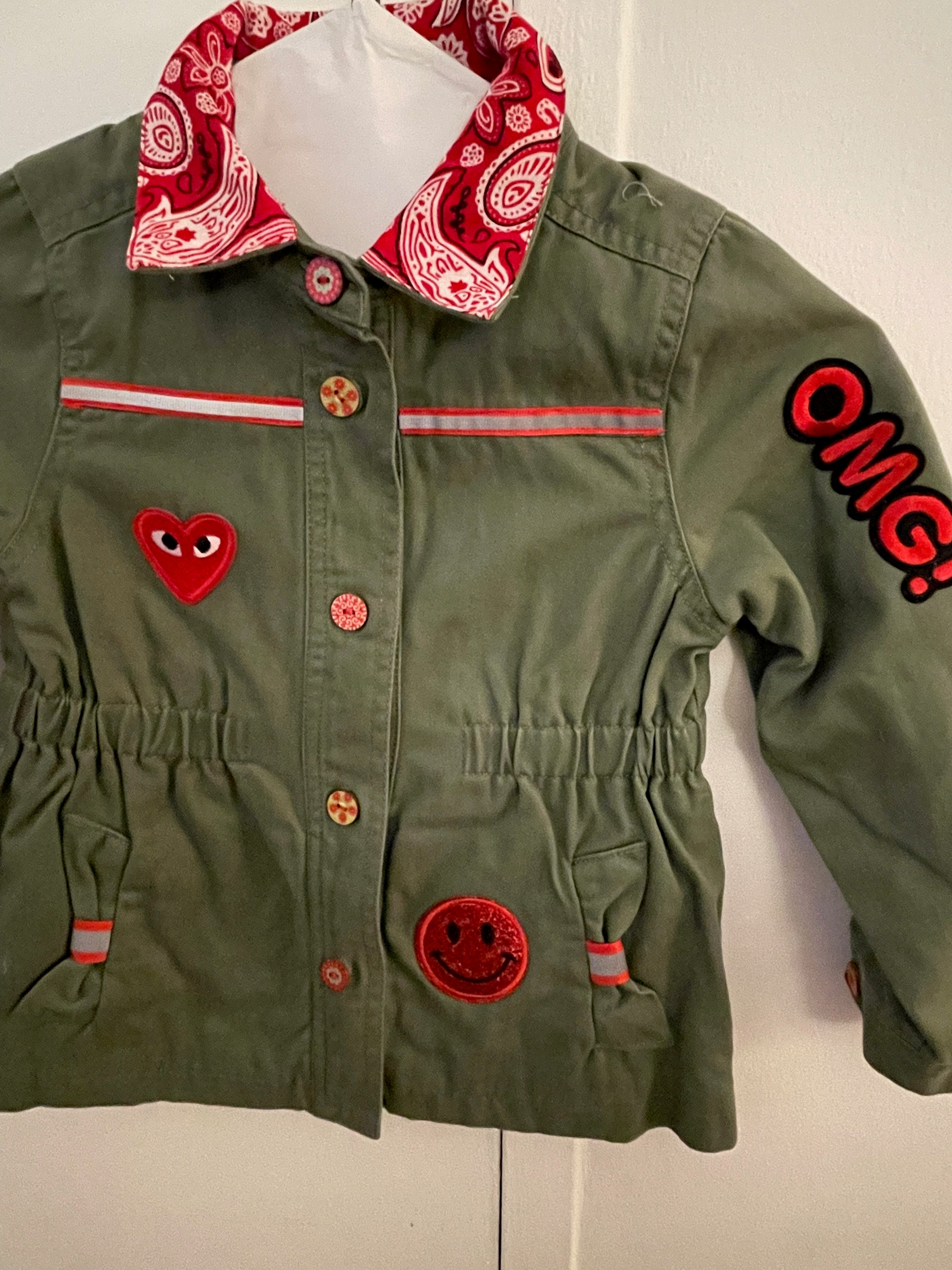 Military-Inspired Cotton Jacket with "OMG!" Patch and Hand-Painted Wood Buttons