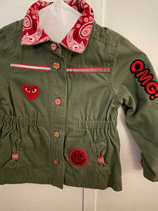 Military-Inspired Cotton Jacket with "OMG!" Patch and Hand-Painted Wood Buttons