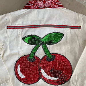 Cherry On Top, Big Red Sequin Cherry Hand Adorned White Denim Toddler Girl's Jacket Size 4T