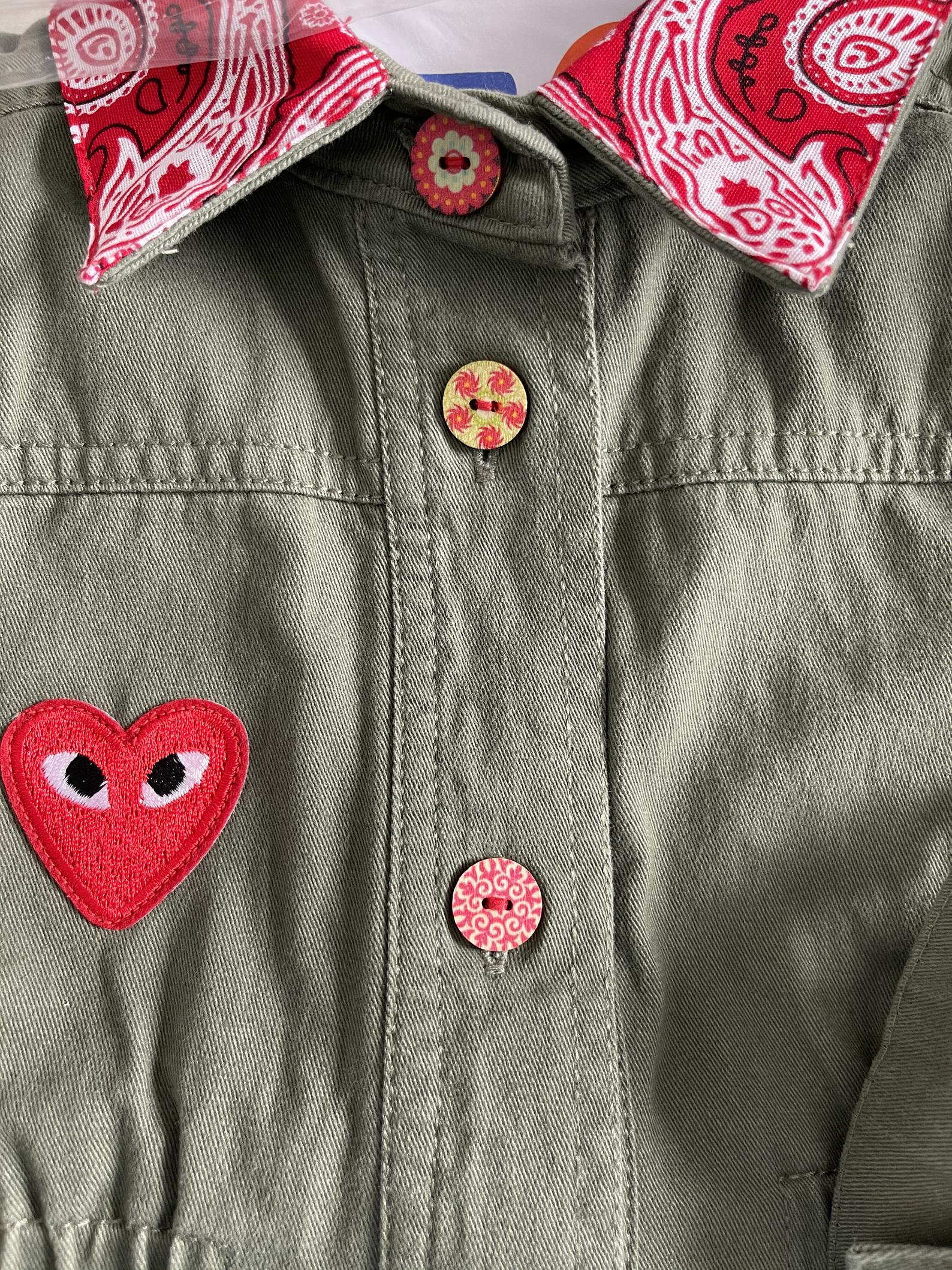 Military-Inspired Cotton Jacket with "OMG!" Patch and Hand-Painted Wood Buttons